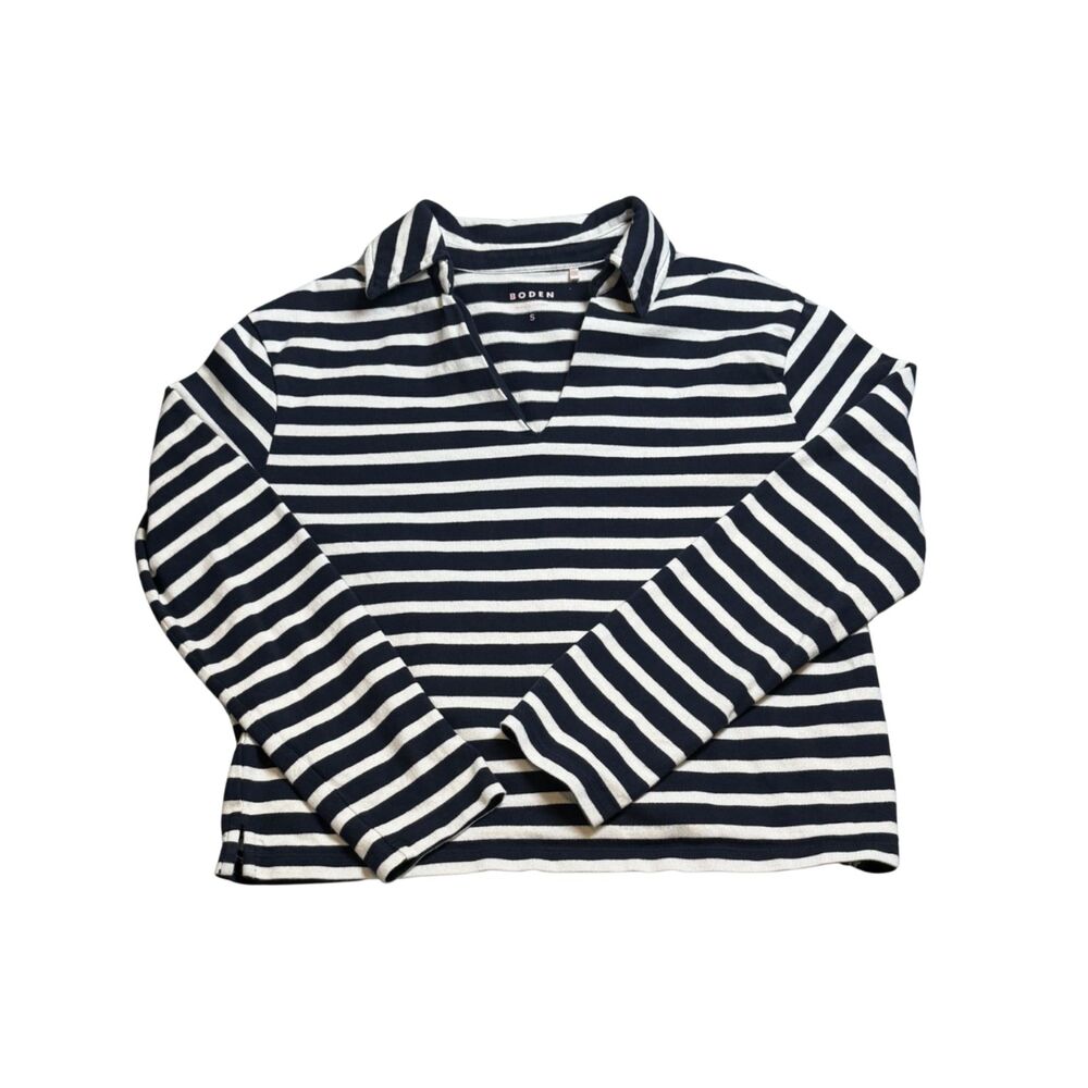 Boden Navy and White Striped V Neck Collared Long Sleeve Tee Size S 100% Cotton